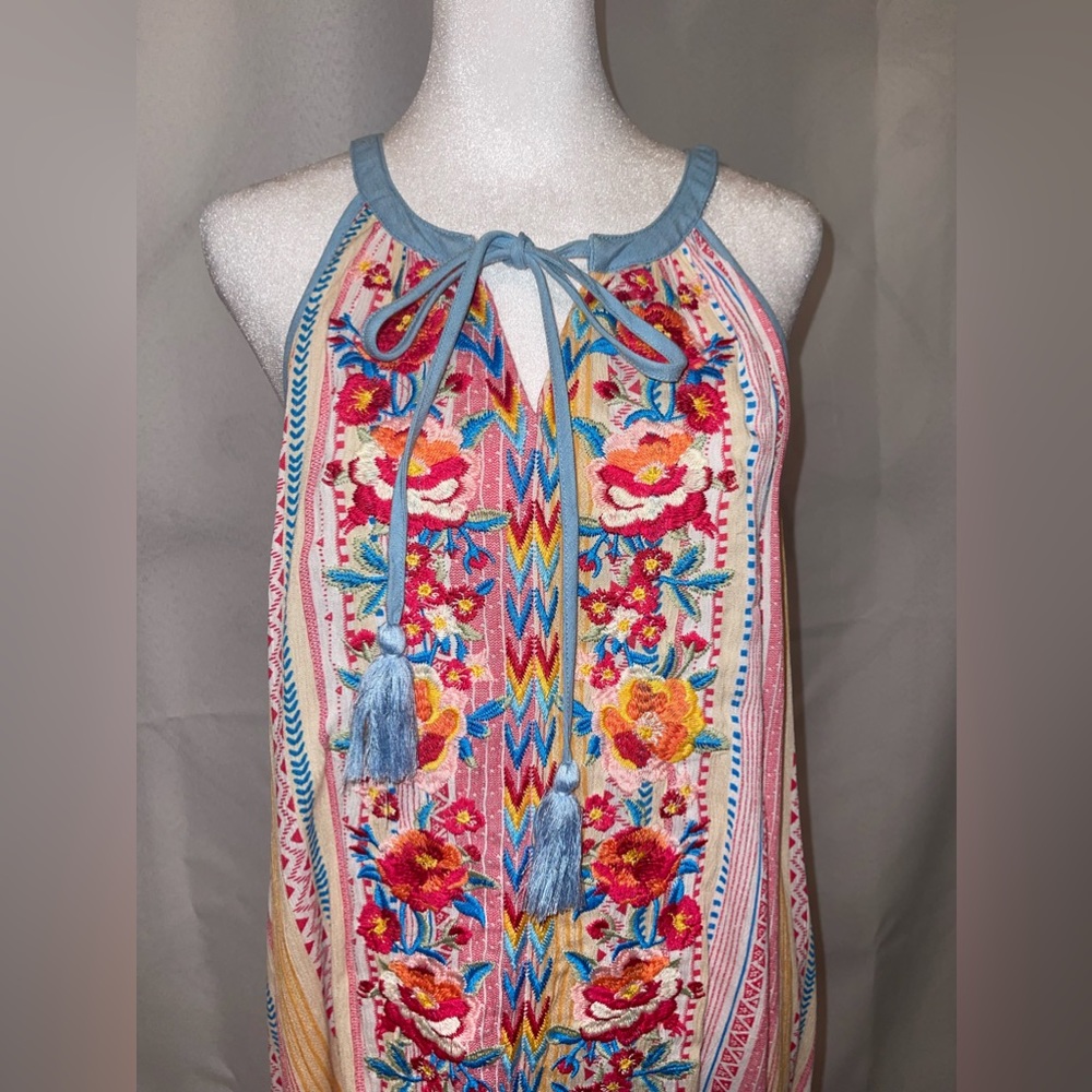 Savanna Jane sleeveless top embroidered tassel tie large worn once dry cleaned